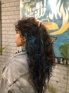 Blue Hair Color Curly, Brown And Blue Curly Hair, Dyed Curly Hair Ideas Colour Blue, Peel A Boo Hair Color, Blue Highlights In Brown Hair Curly, Curly Hair Peekaboo, Blue Highlights Curly Hair, Peekaboo Hair Curly, Under Hair Dye Curly