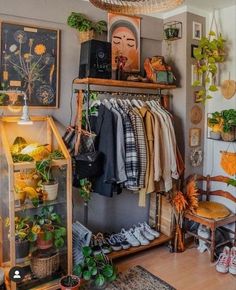 a room filled with lots of plants and clothes hanging on the wall next to a cat