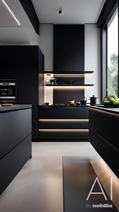 a black and white kitchen with lots of counter space