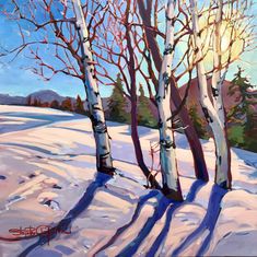 a painting of some trees in the snow