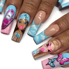 Vine Red Nails, Bratz Nails Acrylic, Bratz Nails Art, Red Nails Y2k, Bratz Inspired Nails, Bratz Nails Design, 90 Nails The 90s Art Designs, Nail Art Character, Cartoon Nails Acrylic