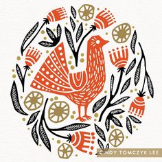 an orange and black bird surrounded by leaves, flowers and wheels on a white background