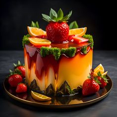 a cake with fruit on top is sitting on a plate