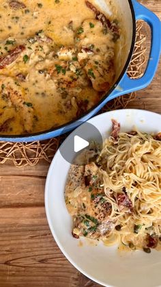 two plates of food on a table with a bowl of pasta and a pan of chicken parmesan casserole