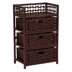 three wicker baskets stacked on top of each other with handles and drawers in the middle