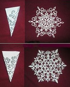 four different snowflakes are shown with white paper on the bottom, and one has an ornament in the middle