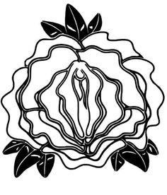 a black and white drawing of a rose with leaves on it's petals, in the shape of a flower