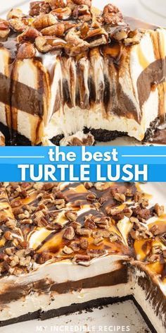 the best turtle lush dessert is on display in front of a plate with it's slice cut out