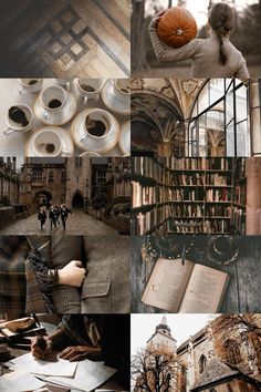 a collage of photos with books and other things in the background, including an open book