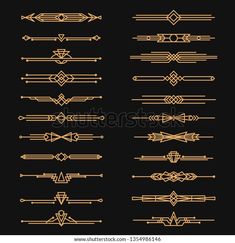 a set of art deco dividers in gold on black background