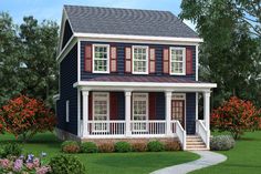 a blue house with red shutters on the front porch and stairs leading up to it