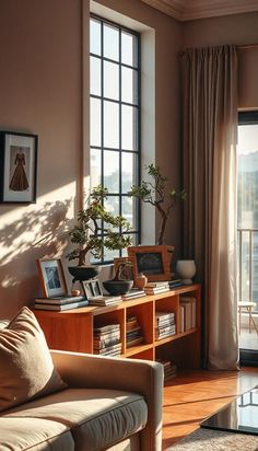 a living room filled with furniture next to a window covered in curtains and potted plants