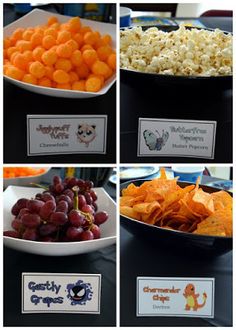 several pictures of different foods and snacks in bowls on a table with name tags around them