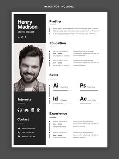 a black and white resume template with a man's face on the front page