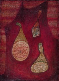 an abstract painting with different shapes and colors on red fabric, including two pears