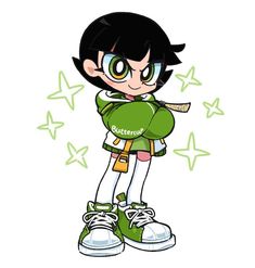 an anime character with black hair and green shoes, holding a baseball bat in her hand