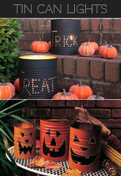 some pumpkins that are sitting on a shelf next to each other and the words, halloween in can lights