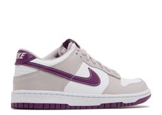 The Nike Dunk Low "Platinum Violet" is a stylish and contemporary sneaker that brings a fresh twist to the classic Dunk silhouette. The shoe features a light grey "Platinum" base made from smooth leather, providing a sleek and clean appearance. The standout detail is the "Violet" overlays, which add a pop of soft purple color to the toe cap, eye stays, Swoosh, and heel tab, creating an appealing contrast. A padded collar and cushioned insole offer enhanced comfort, while the durable rubber outso Nike Dunks Lilac, Purple Dunks, Nike Low-top Purple Sneakers, Nike Dunks Low Vast Grey, Nike Dunk Low Championship Court Purple, Dunk Low Court Purple, Dunk Outfit, Dunks Outfit, Purple Nikes