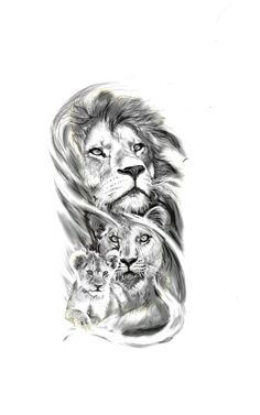 a drawing of two lions with their cubs