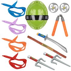 a collection of different items including scissors, pliers and helmet on a white background