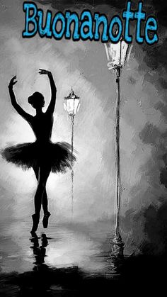 a black and white painting of a ballerina in front of a street light with a lamp post