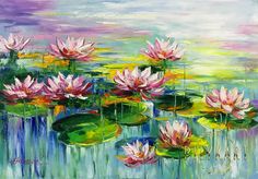 a painting of pink water lilies in a pond