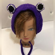 Warming Ear Protection Handmade Crochet See Picture For Measurements Cute Purple Beanie Hat, Playful Purple Adjustable Hat, Adjustable Fun Crochet Hat For Winter, Adjustable Purple Yarn Crochet Hat, Adjustable Purple Crochet Yarn Hat, Purple Adjustable Crochet Hat, Adjustable Hand-knitted Purple Hat, Adjustable Hand Knitted Purple Crochet Hat, Adjustable Purple Crochet Hat For Winter