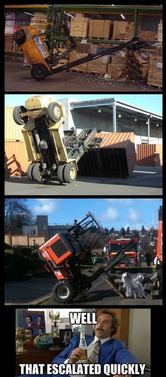 two pictures with different types of trucks in the same photo, one has a fork lift and