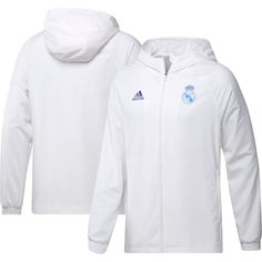 Upgrade your collection of official Real Madrid gear by picking up this Graphic full-zip windbreaker jacket from adidas. It features raglan sleeves and elastic cuffs, which make it easy to cheer on your favorite players on match day. The recognizable Real Madrid applique on the chest leaves no doubt that you are the club's number of fan. Real Madrid Training, Match Day, Woven Jacket, Adidas Sweatshirt, Adidas White, Coach Jacket, White Jacket, Parka Jacket