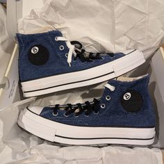 Size 9 - Converse Stussy X Chuck 70 High 8 Ball Blue Converse Custom Sneakers, Converse X Stussy, Stussy Converse, Cute Converse Shoes, Cute Converse, Men's Converse, Shoes World, Shoes Converse, 8 Ball