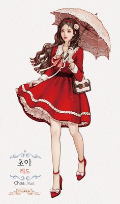 a woman in a red dress holding an umbrella