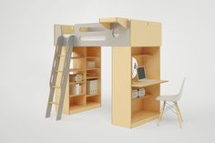 a bunk bed with a desk and chair in front of it on a white background