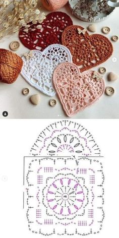 crochet heart doily is shown in three different colors and sizes, along with two