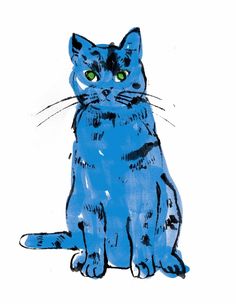 a drawing of a blue cat with green eyes