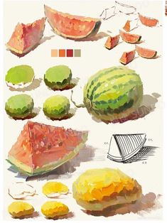 watermelon and other fruit are shown in this painting technique, including the color scheme