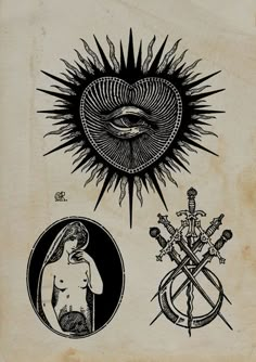 an old book with three different designs on it, including the sun and eye in black ink