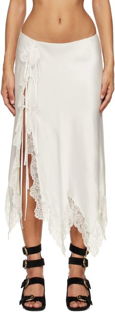 Chloé: Off-White Lace Trim Midi Skirt | SSENSE Mermaid Halloween Costumes, Asymmetrical Midi Skirt, Mermaid Halloween, Slip Skirt, Lace Slip, Mid Length Skirts, Satin Skirt, Silk Skirt, Asymmetrical Hem