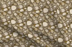 an image of a fabric with flowers and leaves in brown, beige and white colors