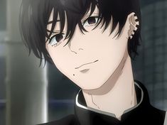 a man with black hair and blue eyes staring at the camera in an anime scene