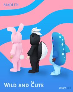 three cartoon characters standing next to each other in front of a pink and blue background