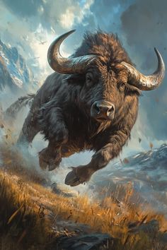 a painting of a bison running through the grass with mountains in the background and clouds overhead