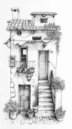 a drawing of a house with stairs and potted plants