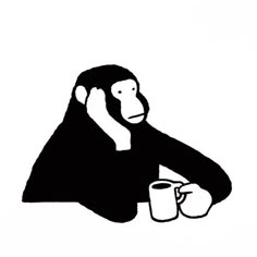 a black and white drawing of a monkey holding a coffee cup