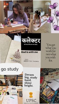 the collage shows images of people working in their home office and writing on paper