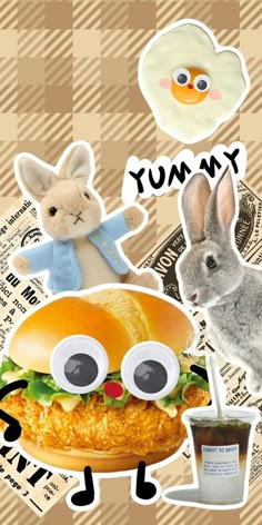 a collage of stickers with animals and food