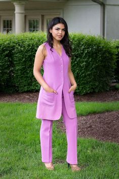 "Adorable Vintage Garland brand pinkish/purple pantsuit Top 34\" bust 30\" waist 38\" hip 33\" length 5 Button's and 2 front pockets Pants 24\" highwaist 32\" hip 40\" length 16\" bootcut leg (taken at bottom of pant) Purple" Fitted Pink Pantsuit With Pockets, Spring Suits With Pockets, Spring Full-length Suits With Pockets, Spring Full Length Suits With Pockets, Pink Fall Suit With Pockets, Fall Pink Suit With Pockets, Fitted Pink Pantsuit For Fall, Pink Buttoned Pants, Fitted Spring Pantsuit With Pockets