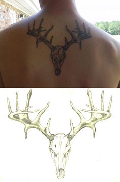 the back of a man's neck with antlers on it and an image of a deer skull