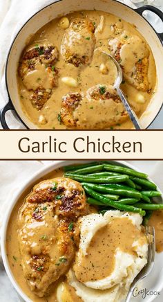 garlic chicken with a tan garlic sauce and a side of mashed potatoes and green beans with sauce on top Bestie Recipes, Creamy Garlic Chicken Recipes, Garlic Chicken Recipe, Creamy Garlic Chicken, Garlic Chicken Recipes, Chicken Entrees, Tender Chicken, Creamy Garlic, Delicious Chicken