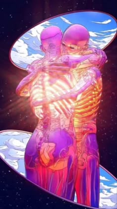 two people hugging each other on top of a surfboard in the sky with stars behind them