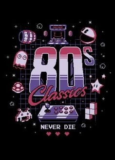 the 80's logo is shown on a black background with other items around it